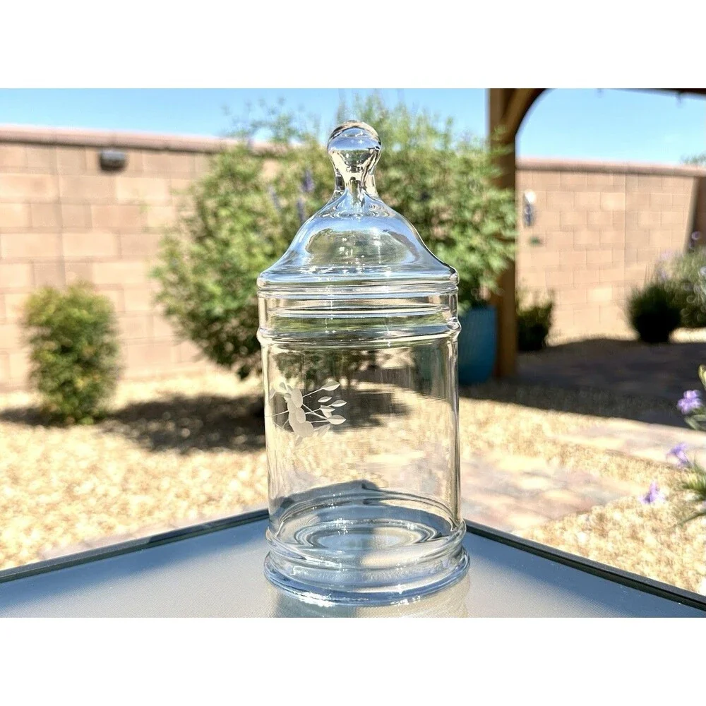 Princess House Heritage Crystal Glass Apothecary Jar w/ Lid Etched Glass 8 1/4